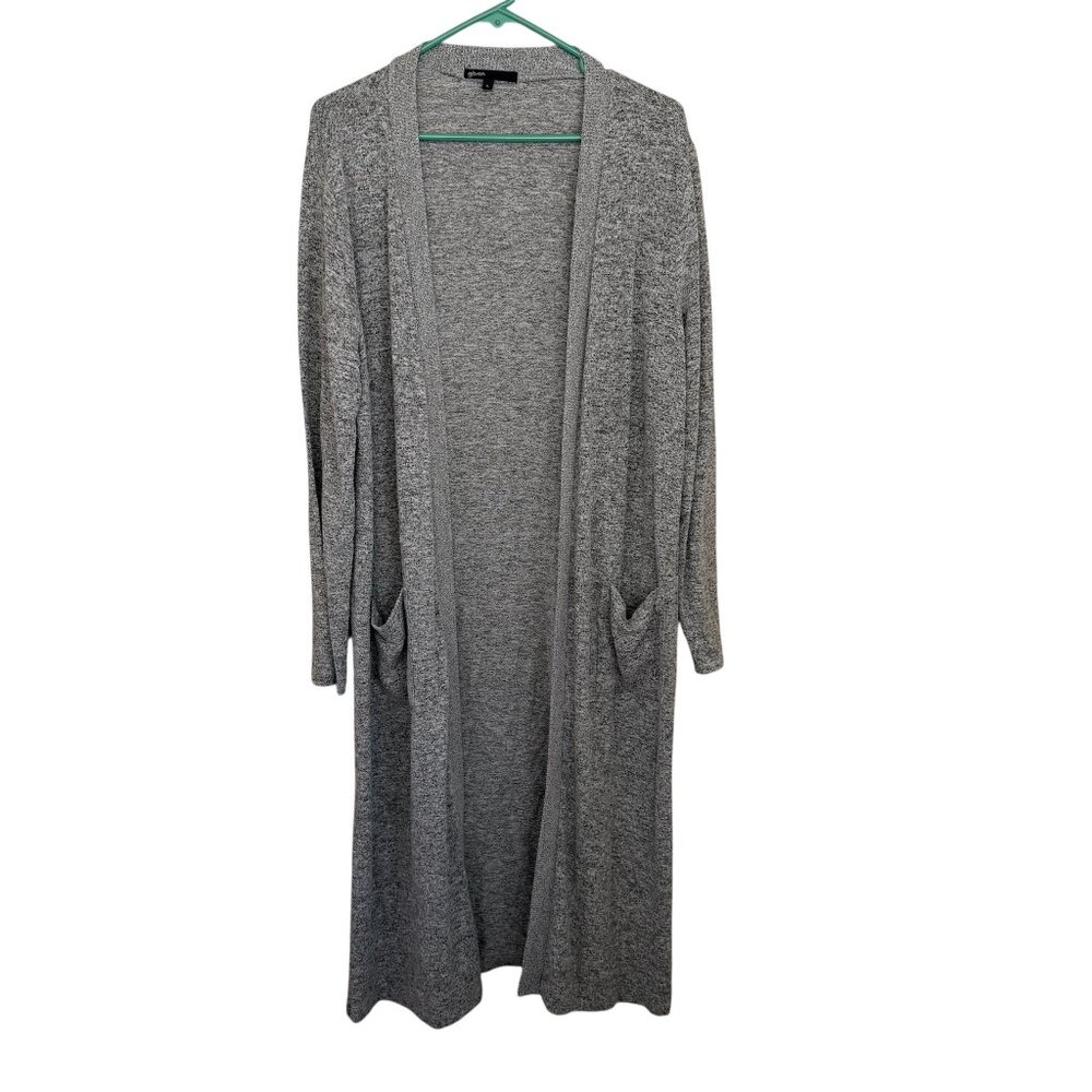 Gibson Gray Marled Longline Duster Cardigan Sz L Soft Knit Pockets Cozy Layering